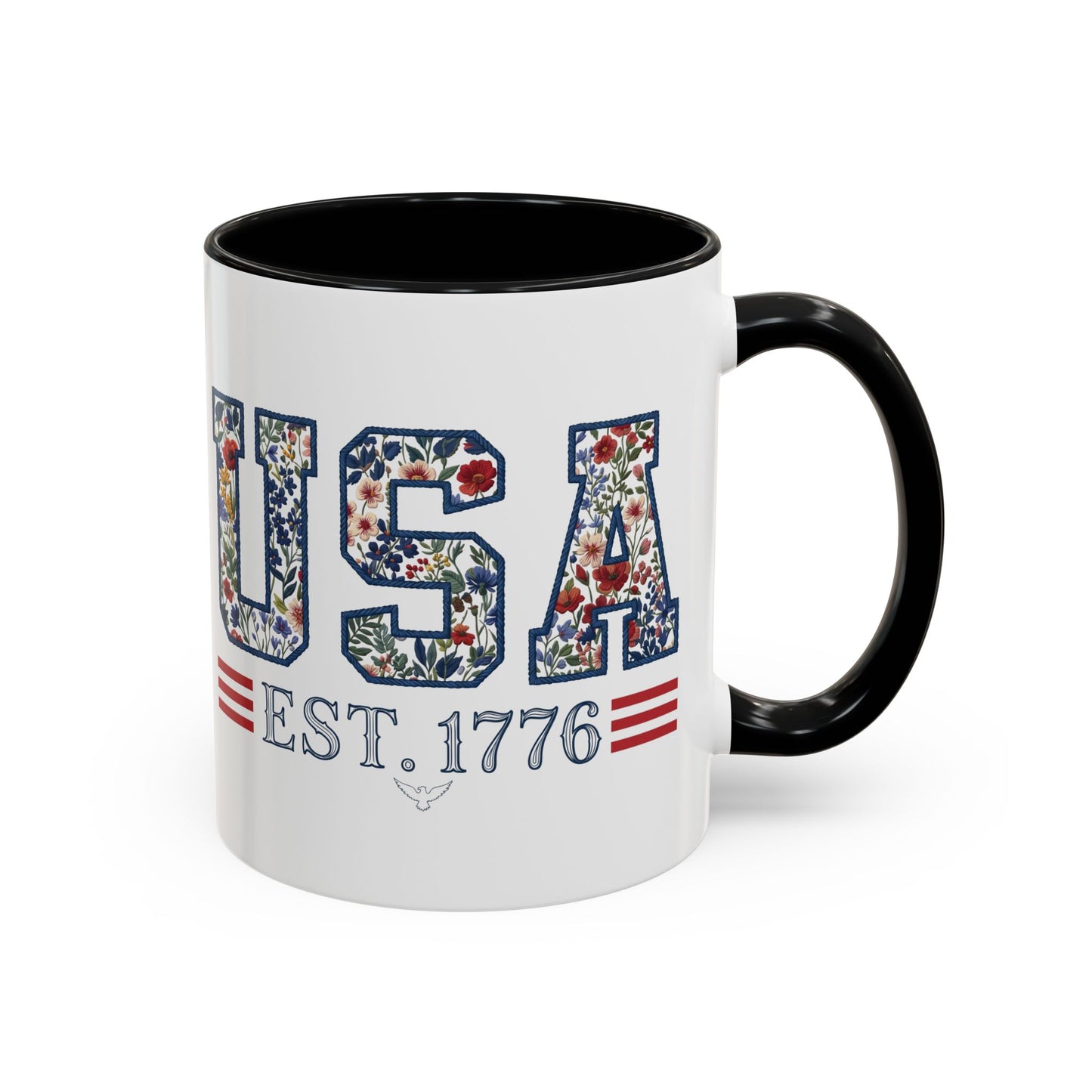 Personalized Patriotic Mug, Custom Name Ceramic Coffee Cup, USA Floral Accent Mug, Fourth of July Hostess Gift, 11oz 15oz
