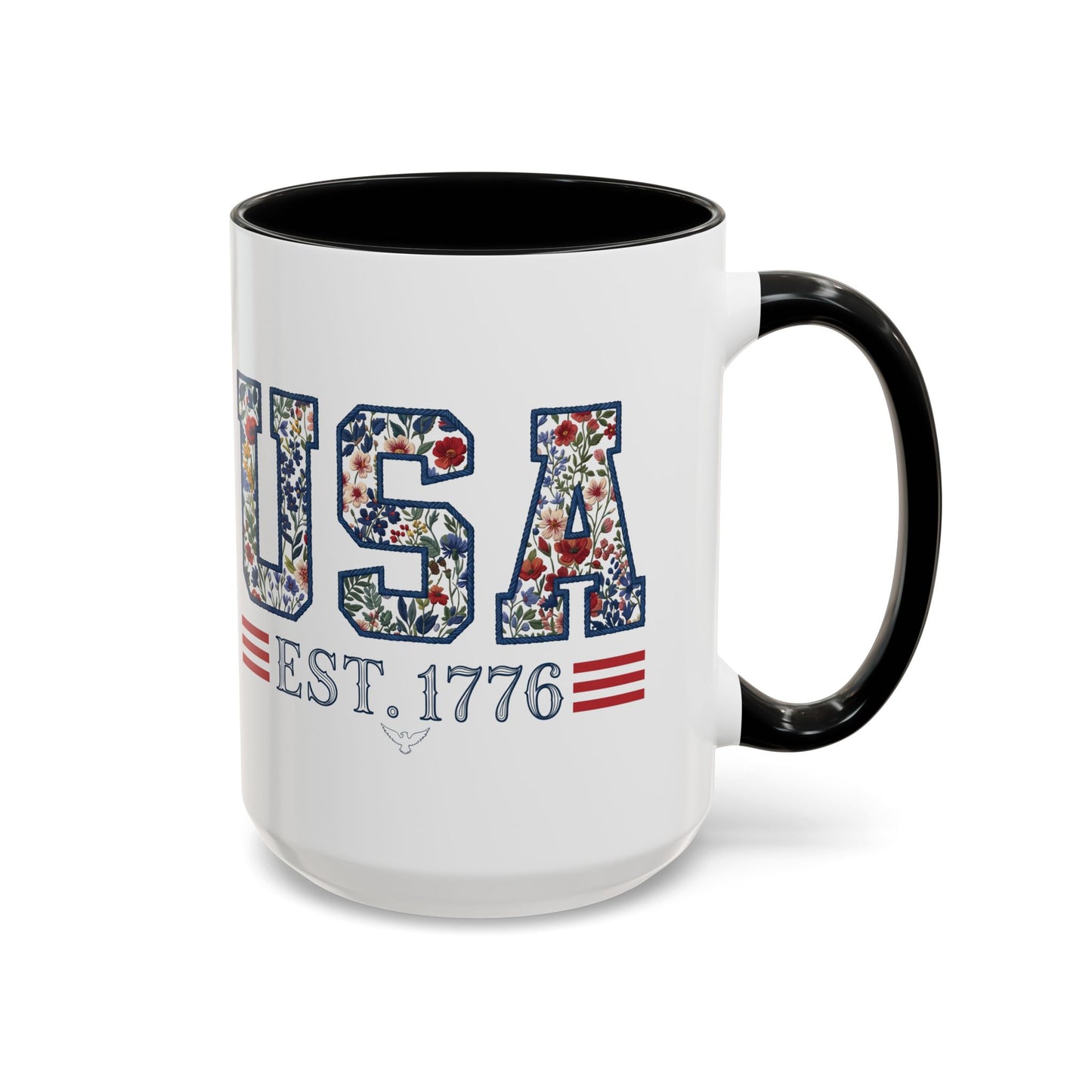 Personalized Patriotic Mug, Custom Name Ceramic Coffee Cup, USA Floral Accent Mug, Fourth of July Hostess Gift, 11oz 15oz