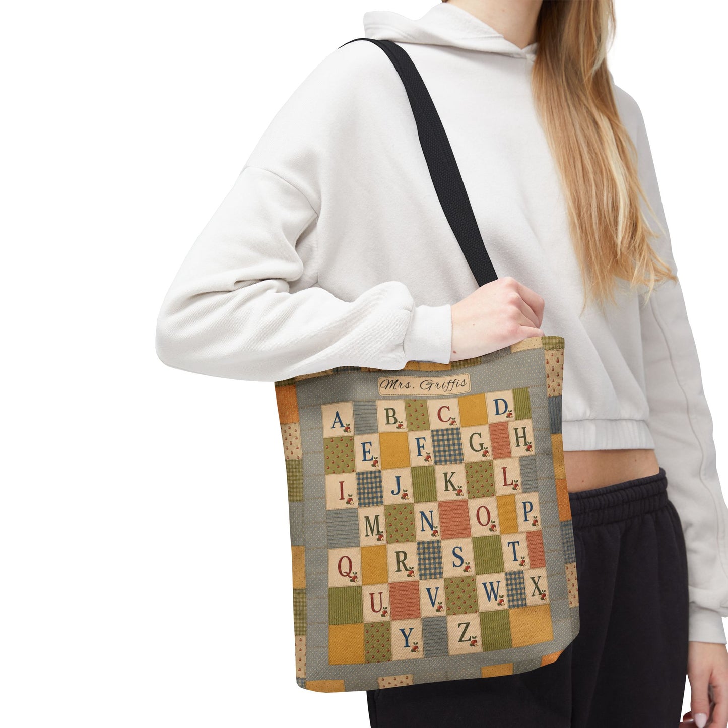Personalized Teacher Tote Bag, Custom Name Alphabet Quilt Bag, Vintage ABC School Bag, Teacher Gift, Back to School Tote