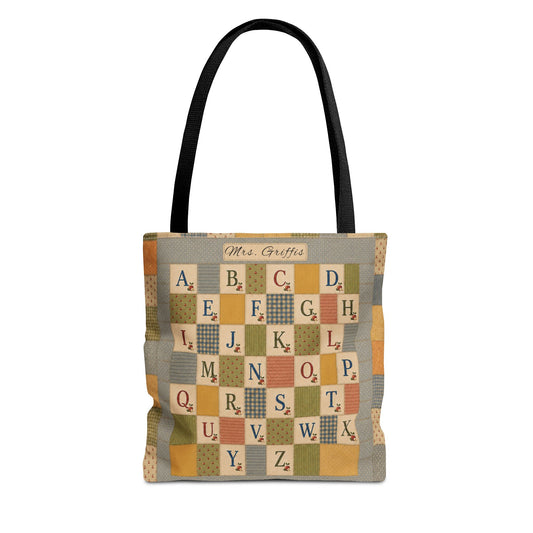 Personalized Teacher Tote Bag, Custom Name Alphabet Quilt Bag, Vintage ABC School Bag, Teacher Gift, Back to School Tote