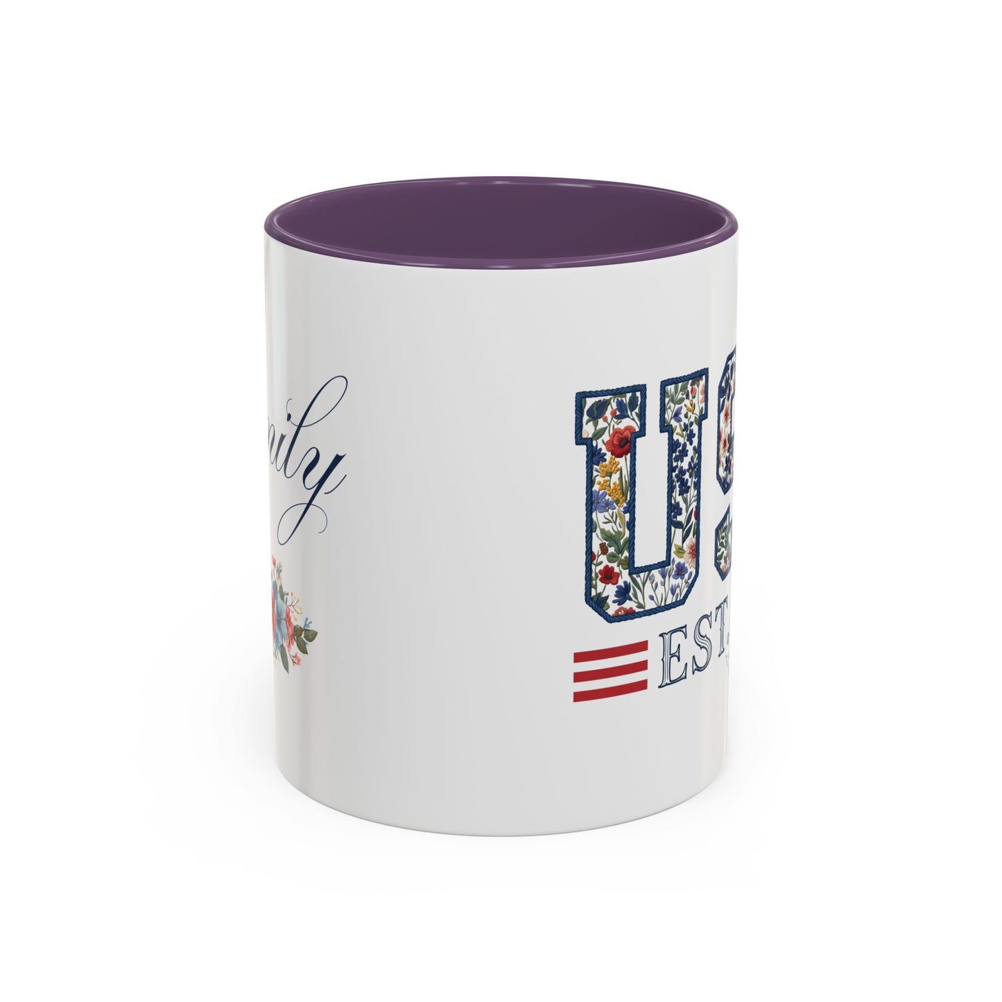 Personalized Patriotic Mug, Custom Name Ceramic Coffee Cup, USA Floral Accent Mug, Fourth of July Hostess Gift, 11oz 15oz