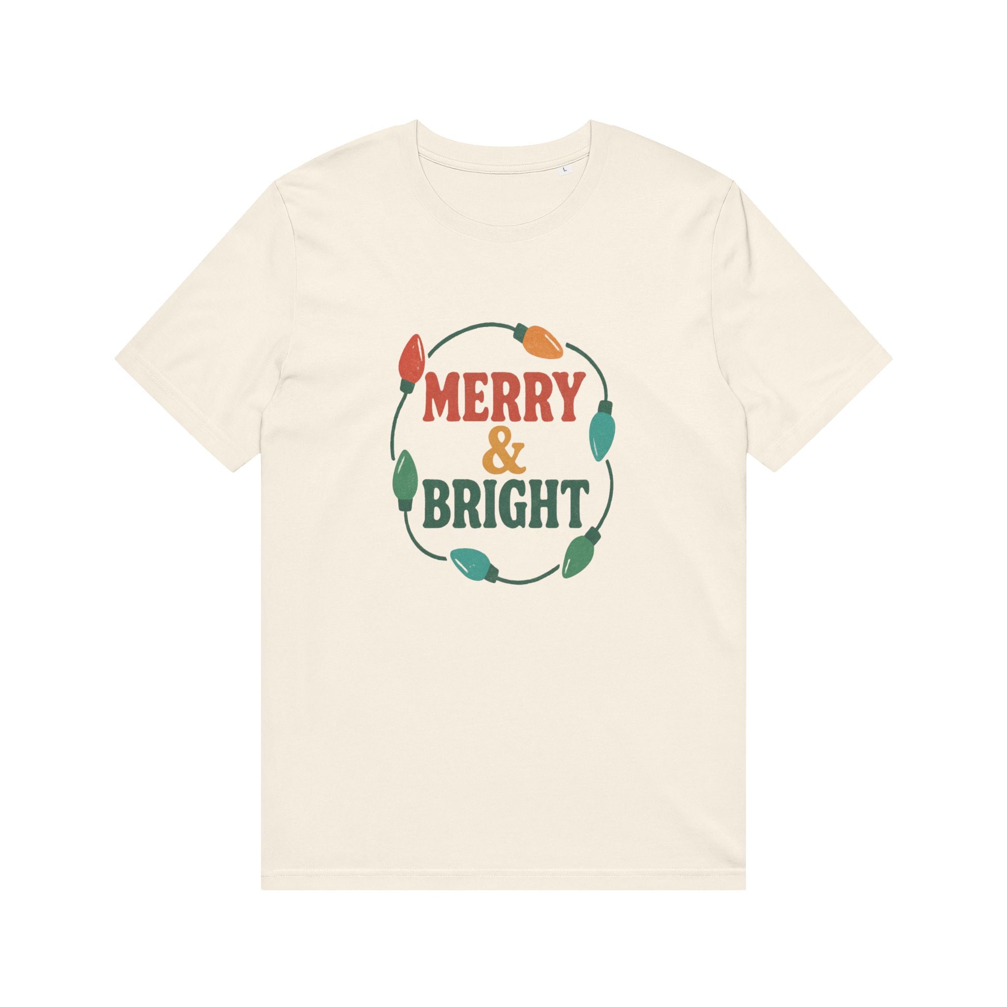 Organic "Merry & Bright" Holiday T-Shirt — Vintage Christmas Lights Graphic