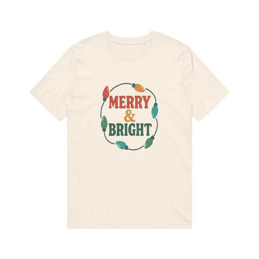 Organic "Merry & Bright" Holiday T-Shirt — Vintage Christmas Lights Graphic