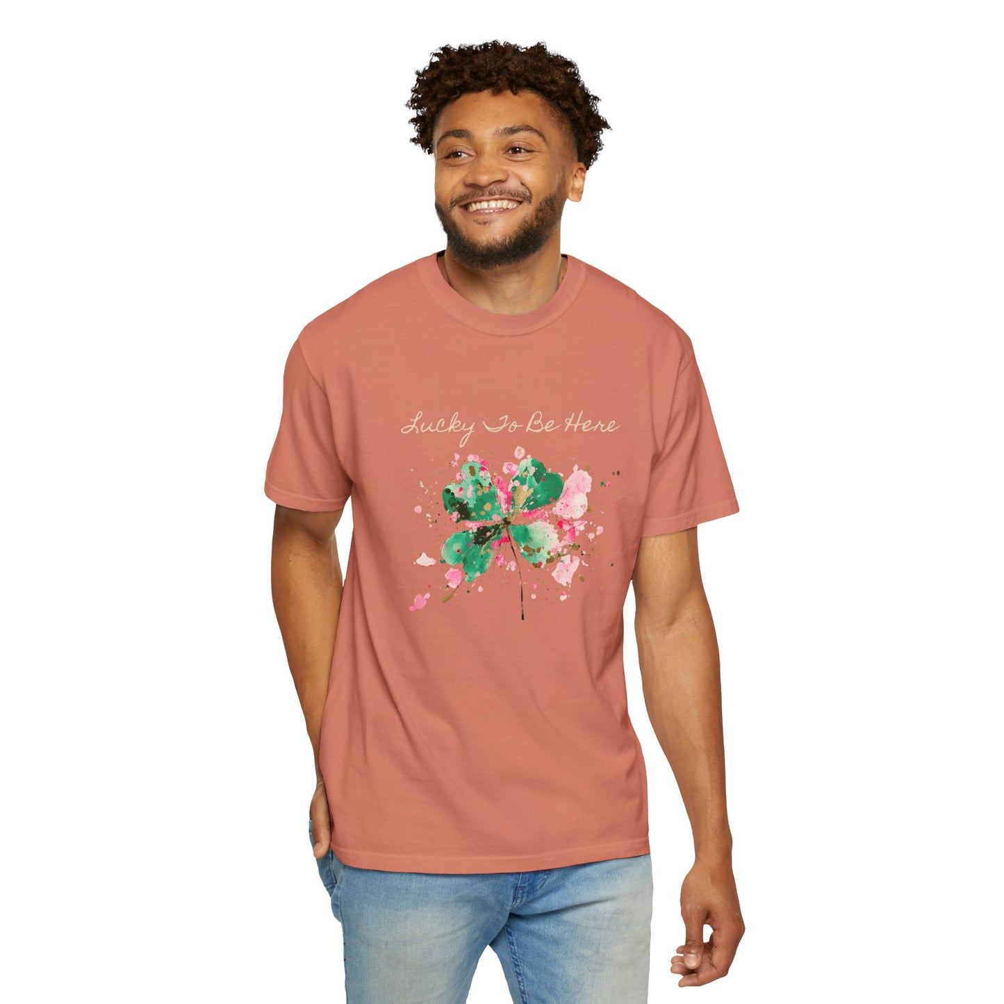 St. Patrick's Day, Lucky To Be Here T-Shirt - Floral Four-Leaf Clover Graphic