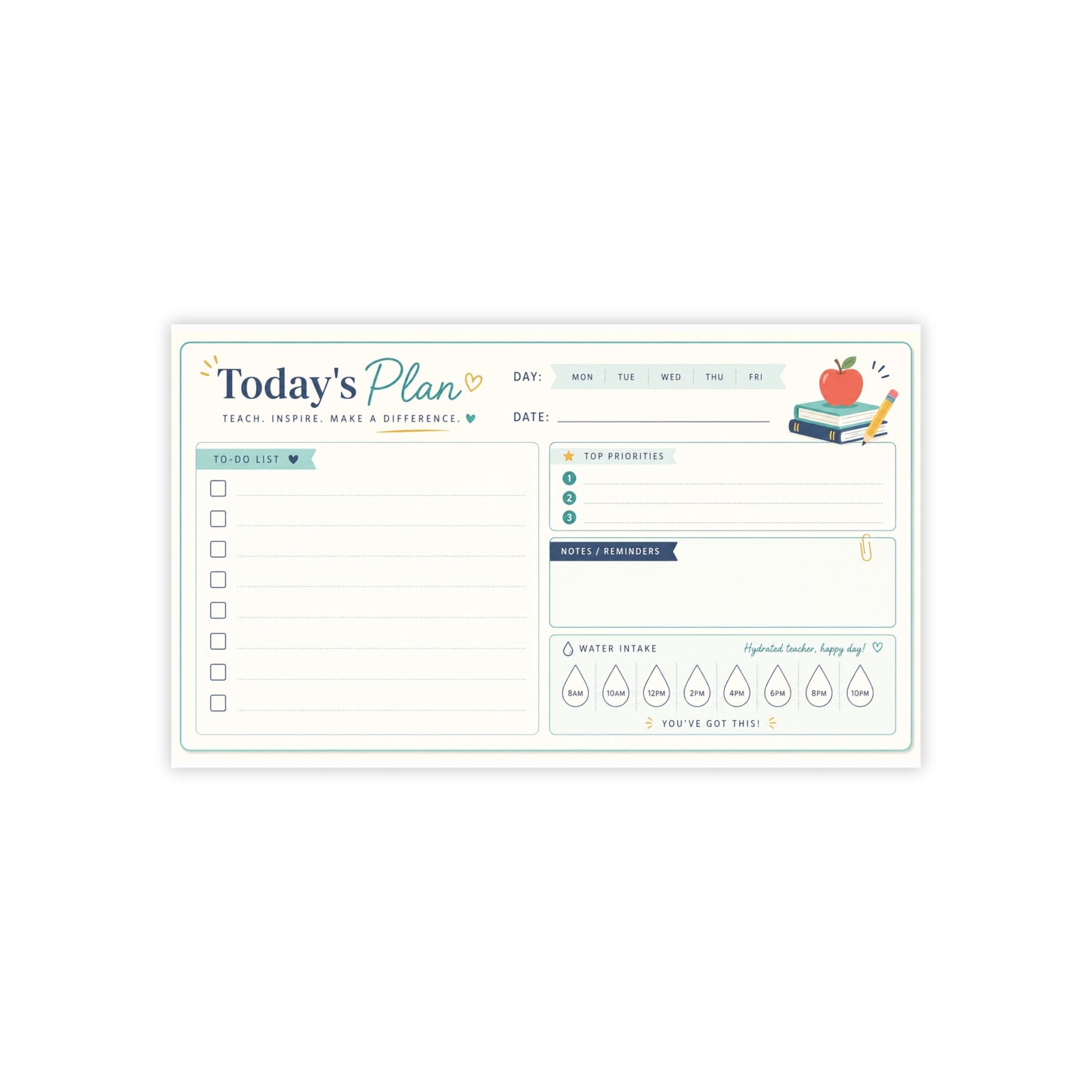 Teacher Notepad, Post-it Desk Pad, Daily Planner To Do List Water Tracker, 50 Sticky Sheets, Teacher Appreciation Back to School Gift