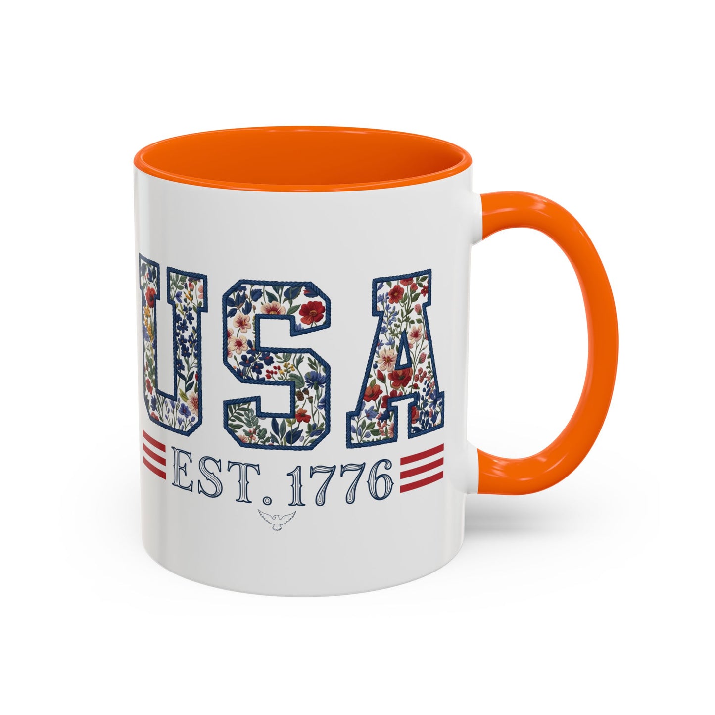Personalized Patriotic Mug, Custom Name Ceramic Coffee Cup, USA Floral Accent Mug, Fourth of July Hostess Gift, 11oz 15oz
