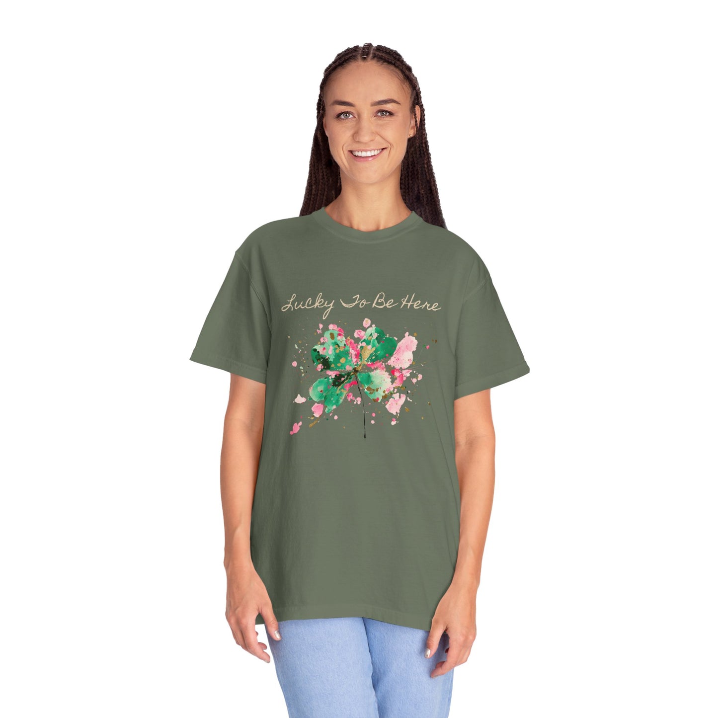 St. Patrick's Day, Lucky To Be Here T-Shirt - Floral Four-Leaf Clover Graphic