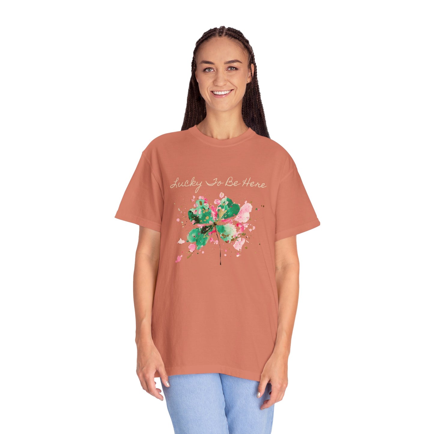 St. Patrick's Day, Lucky To Be Here T-Shirt - Floral Four-Leaf Clover Graphic