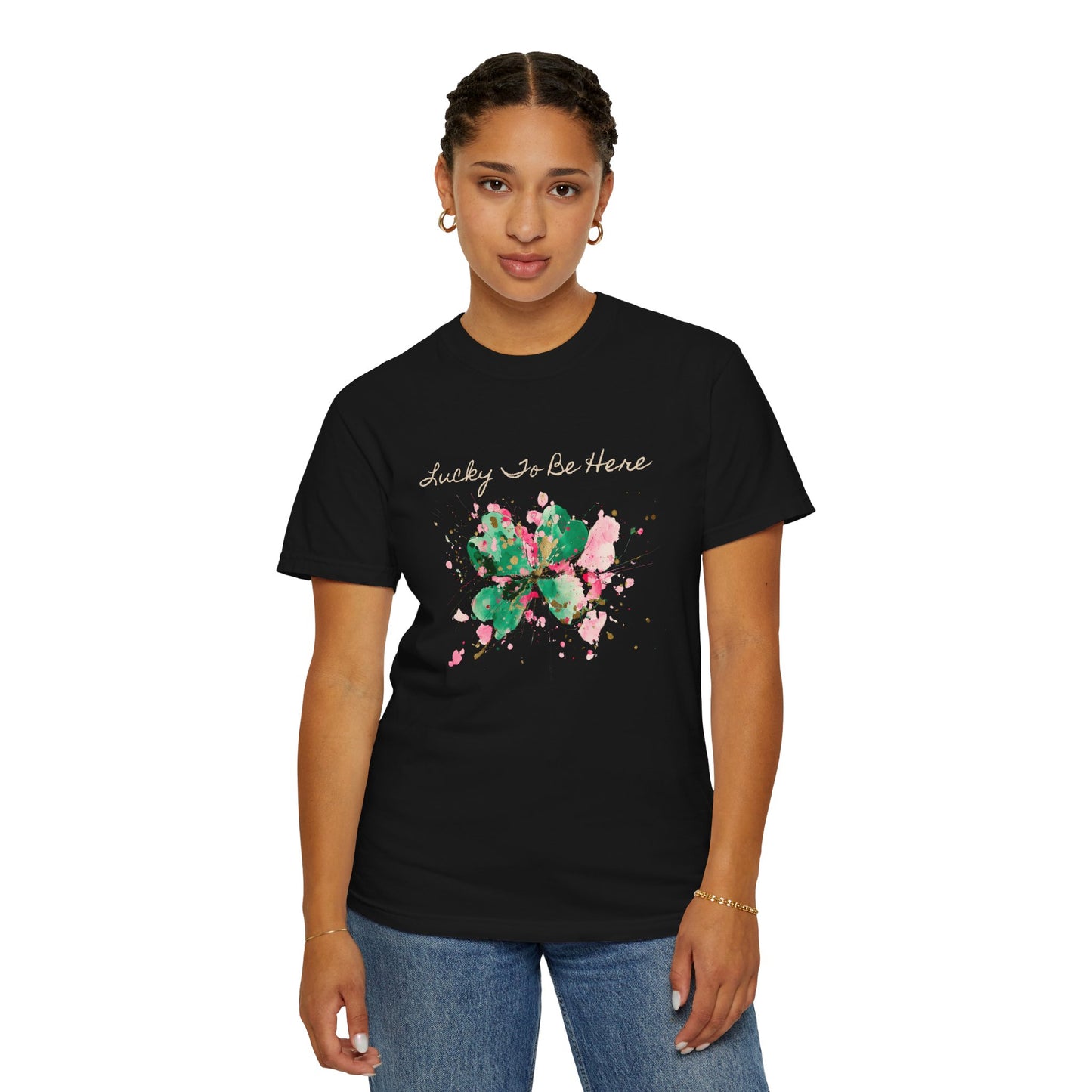 St. Patrick's Day, Lucky To Be Here T-Shirt - Floral Four-Leaf Clover Graphic
