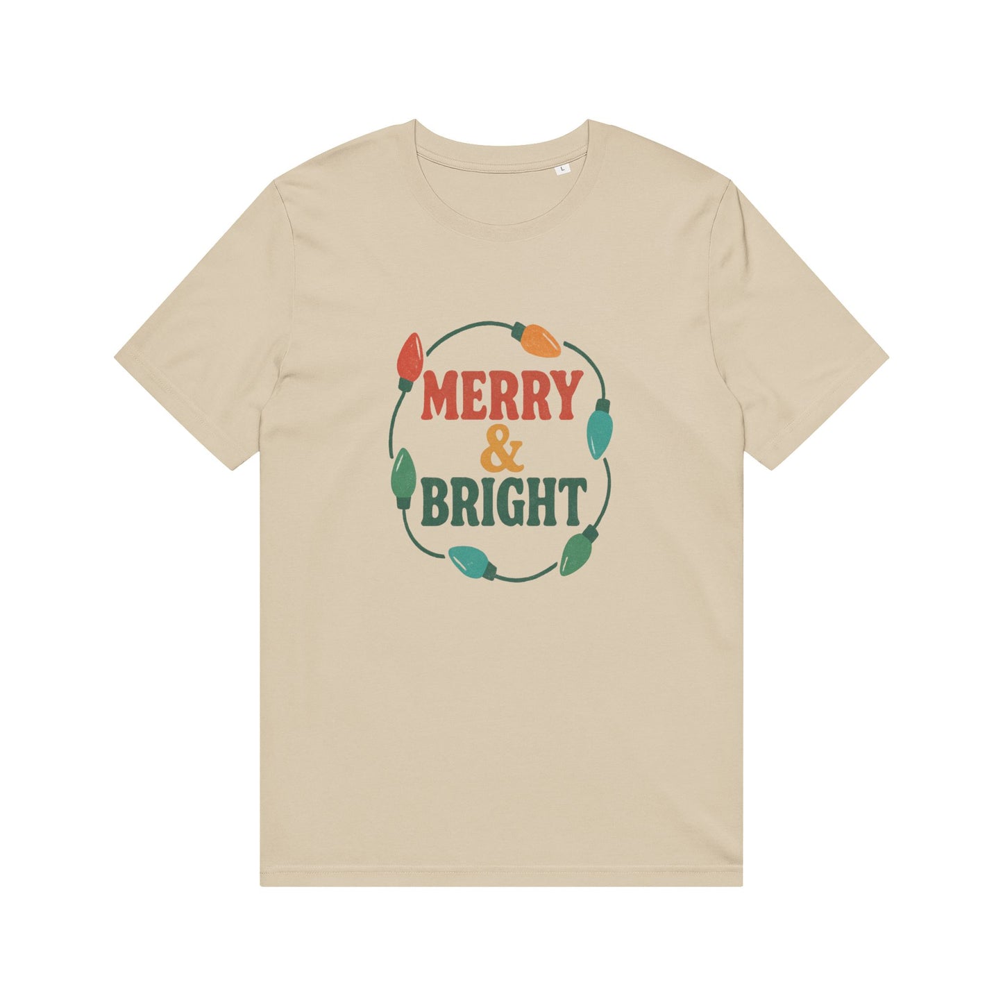 Organic "Merry & Bright" Holiday T-Shirt — Vintage Christmas Lights Graphic