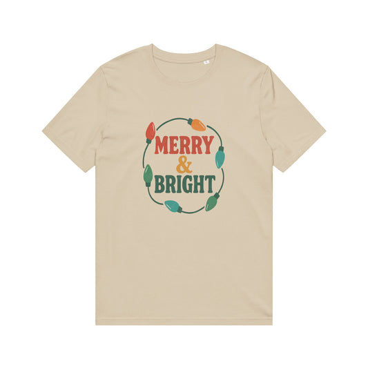 Organic "Merry & Bright" Holiday T-Shirt — Vintage Christmas Lights Graphic