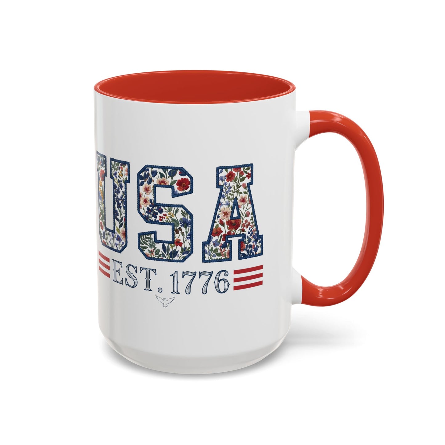 Personalized Patriotic Mug, Custom Name Ceramic Coffee Cup, USA Floral Accent Mug, Fourth of July Hostess Gift, 11oz 15oz