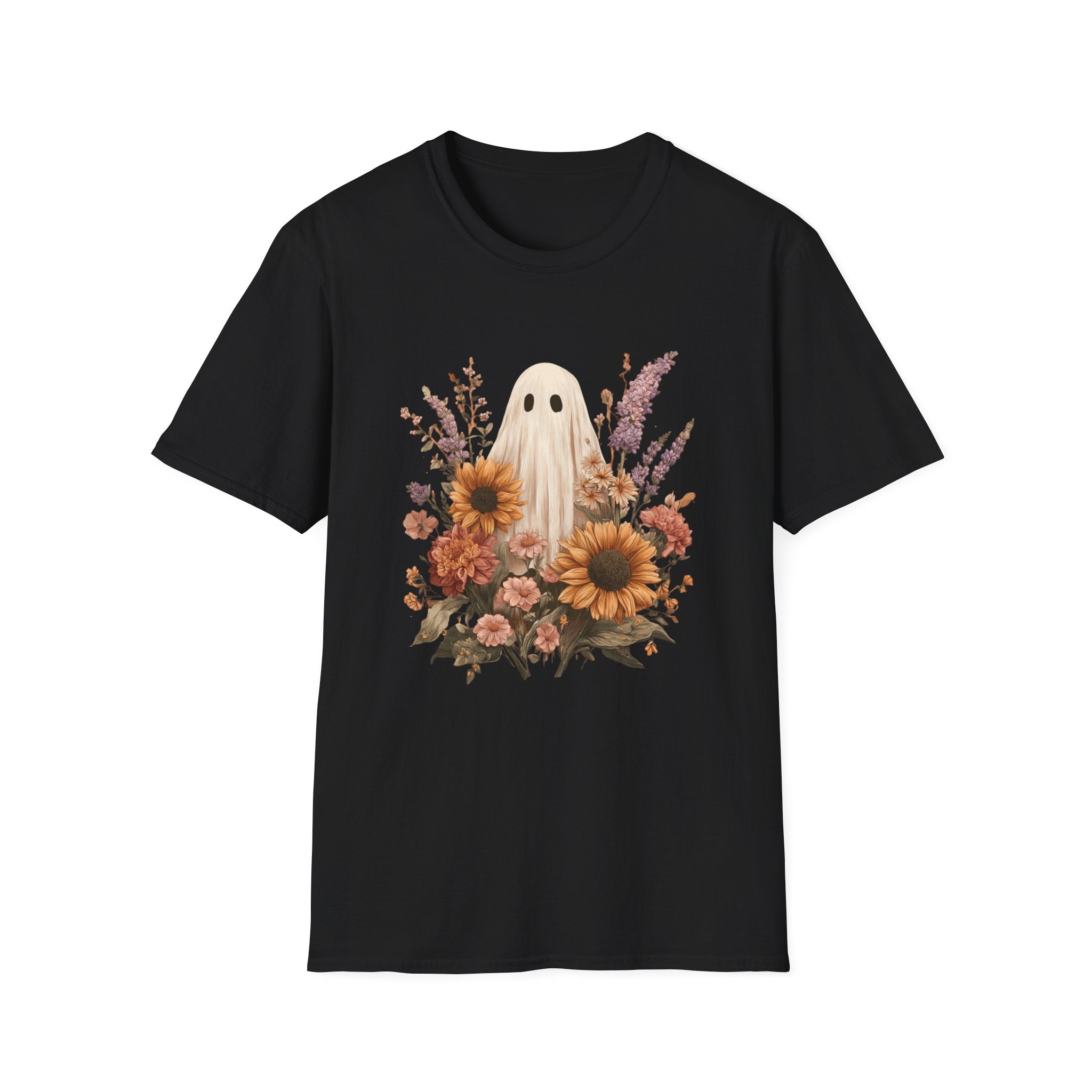 Whimsical Ghost Floral T-Shirt | Cozy, Fun Graphic Tee for Halloween, Autumn, Casual Wear, Gifts