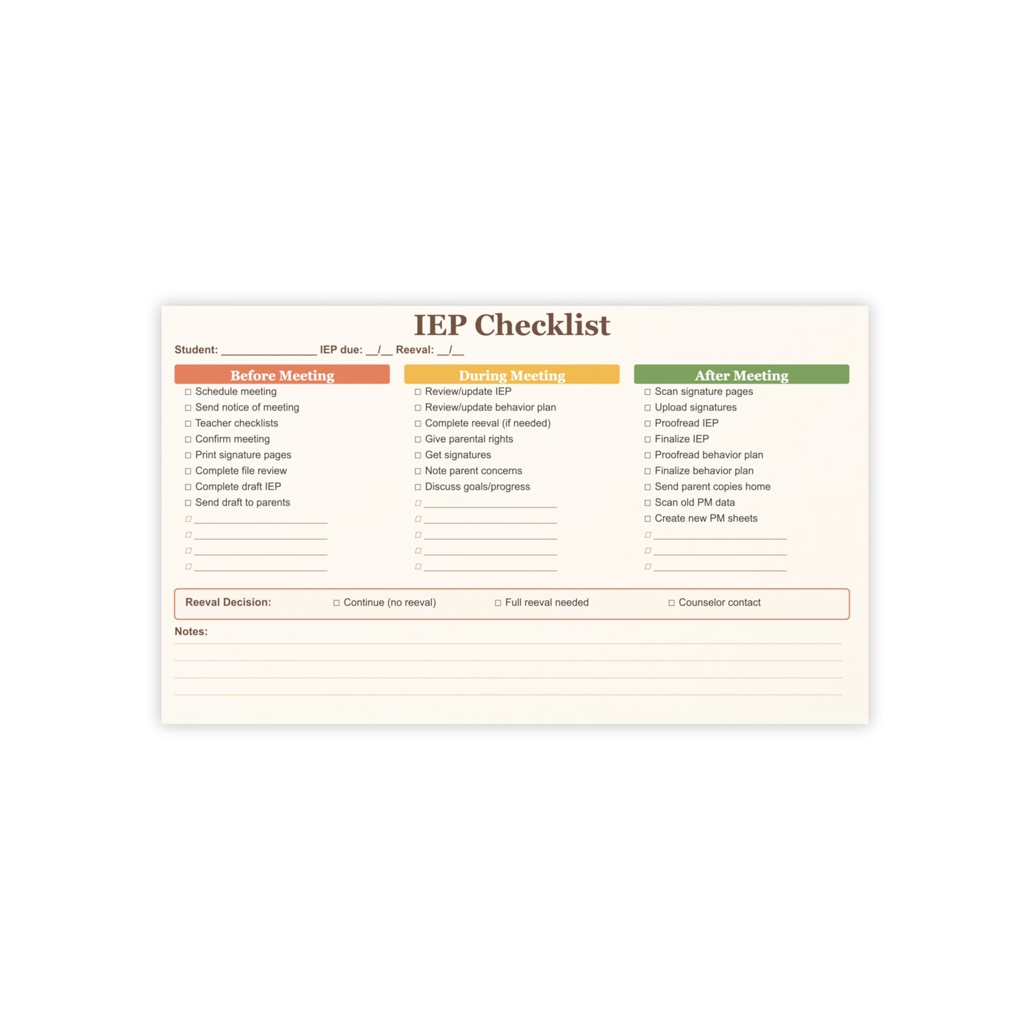 IEP Meeting Checklist Sticky Note Pad, 10 x 6 Inch, 50-Sheet Special Education Organizer