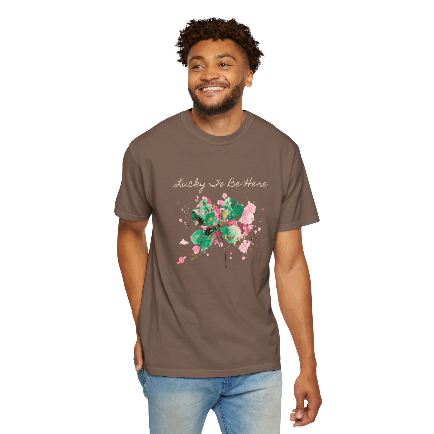 St. Patrick's Day, Lucky To Be Here T-Shirt - Floral Four-Leaf Clover Graphic