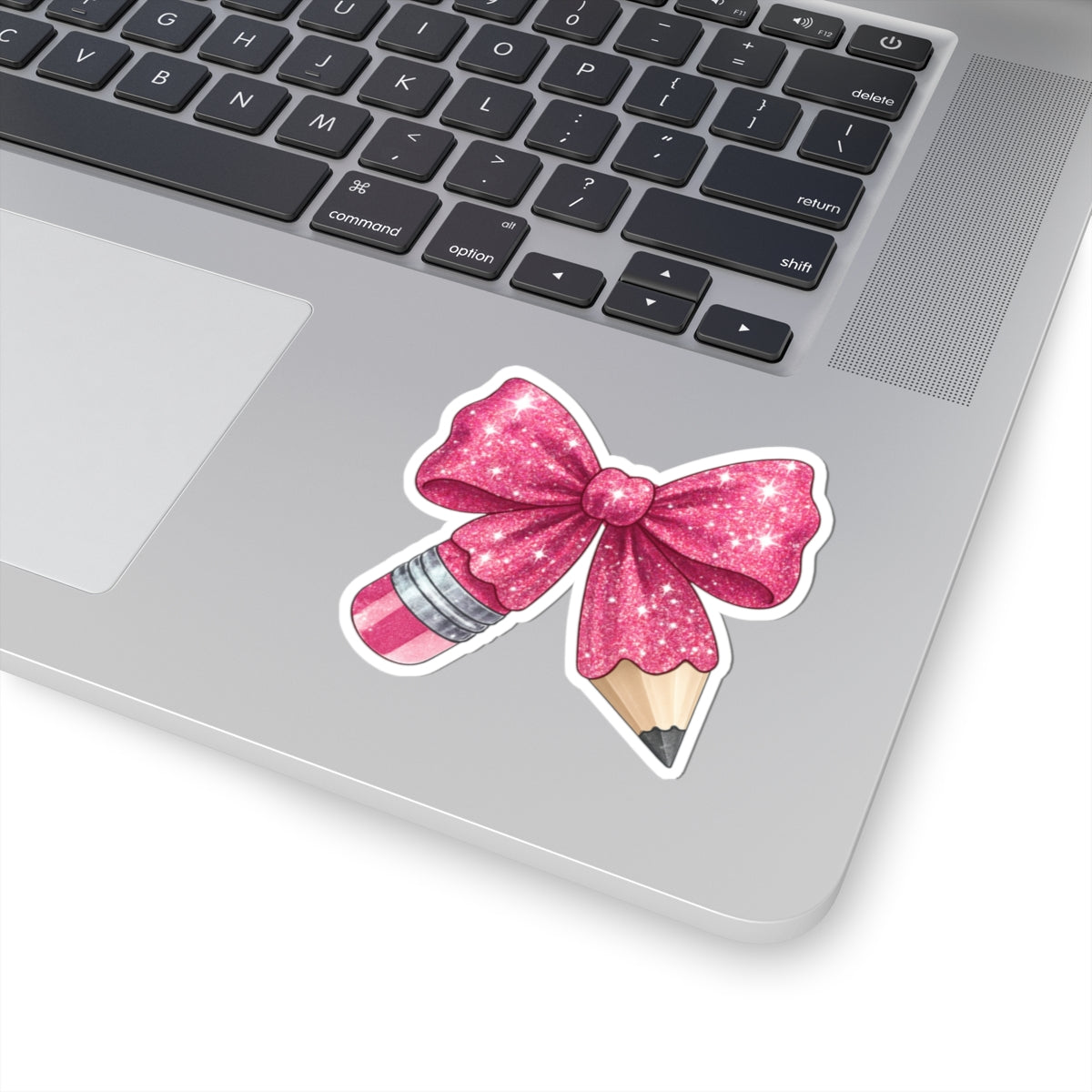Pink Glitter Bow Pencil Sticker — Cute Kiss-Cut Laptop & Planner Decal