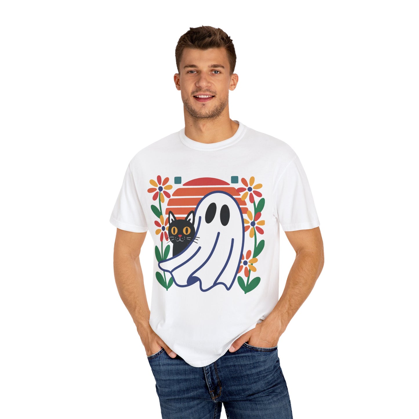 Retro Ghost & Cat Halloween T-shirt | Comfort Colors® Fall Tee