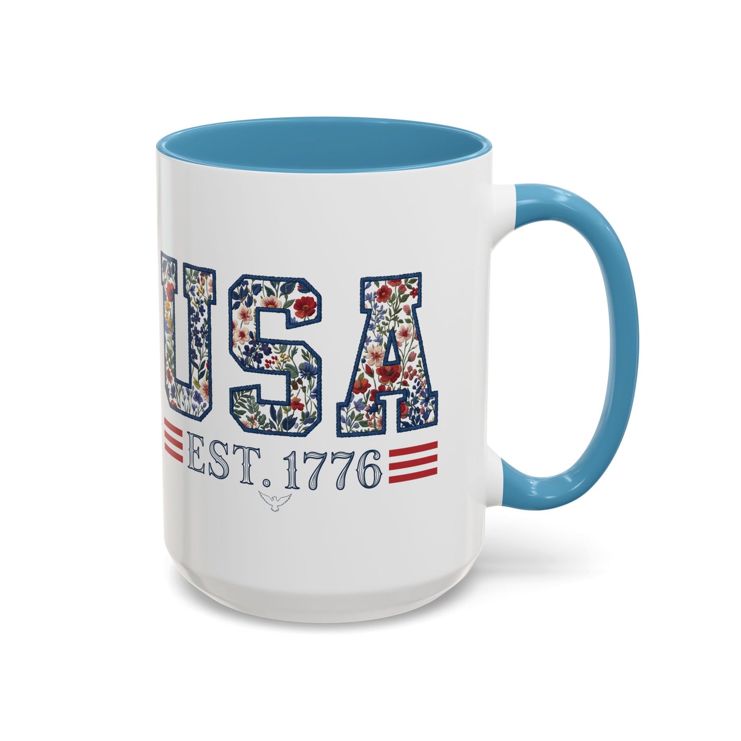 Personalized Patriotic Mug, Custom Name Ceramic Coffee Cup, USA Floral Accent Mug, Fourth of July Hostess Gift, 11oz 15oz