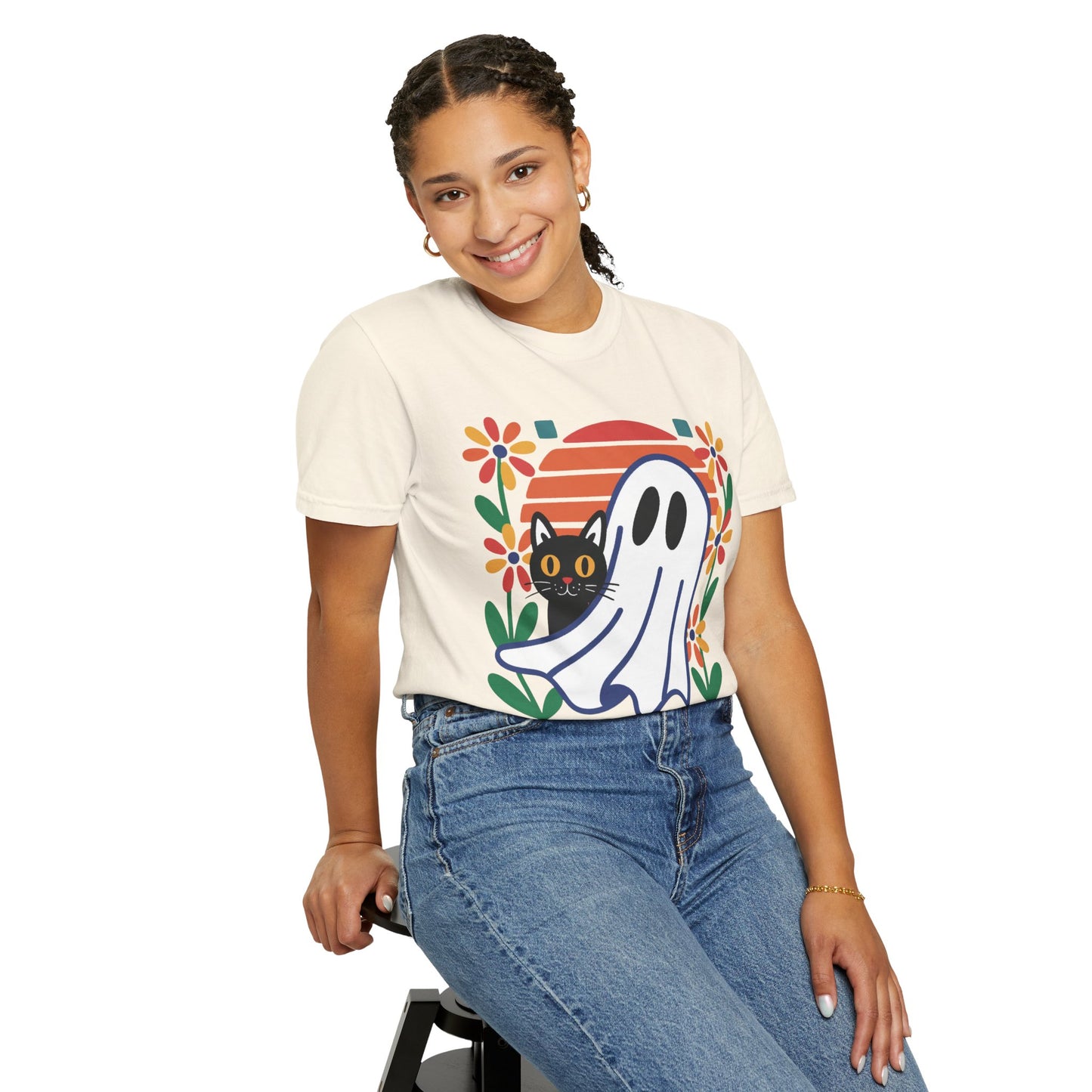 Retro Ghost & Cat Halloween T-shirt | Comfort Colors® Fall Tee