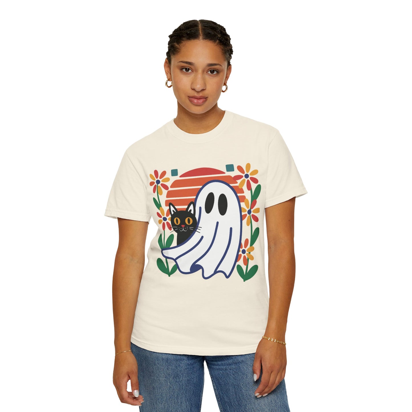 Retro Ghost & Cat Halloween T-shirt | Comfort Colors® Fall Tee