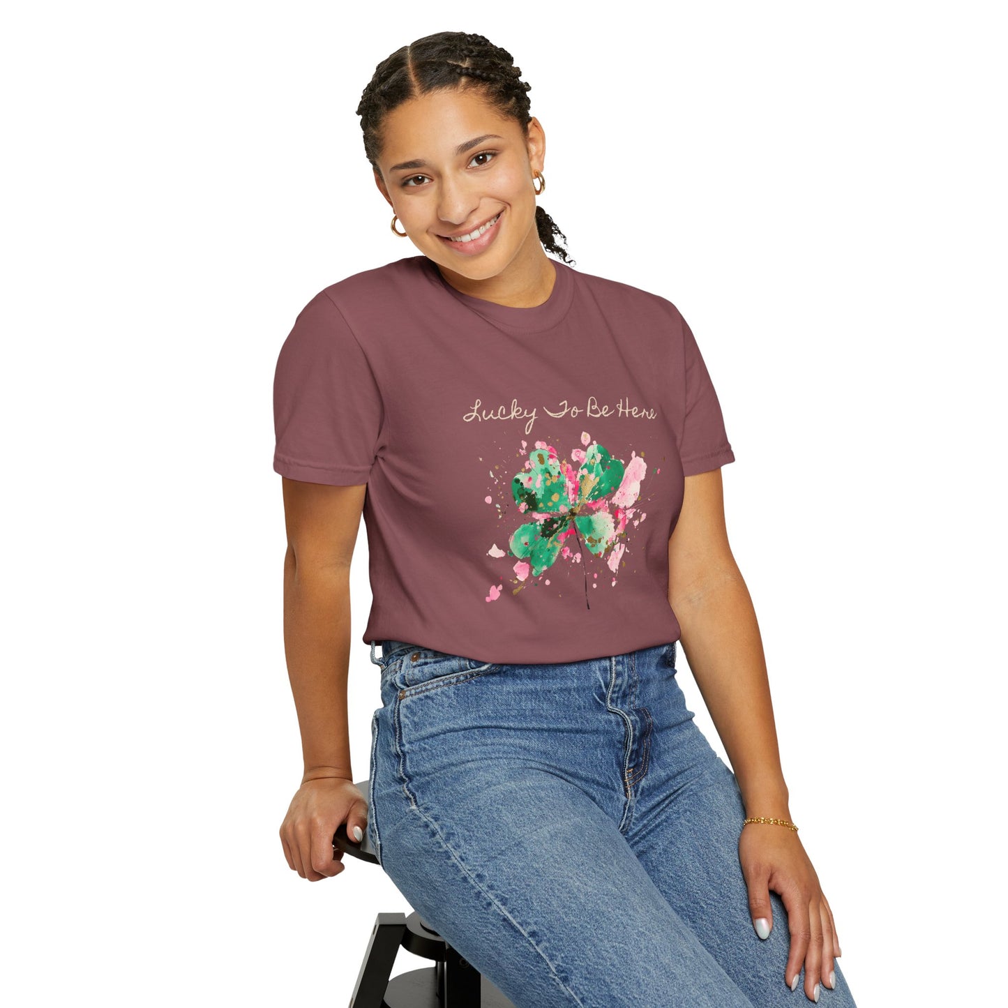 St. Patrick's Day, Lucky To Be Here T-Shirt - Floral Four-Leaf Clover Graphic