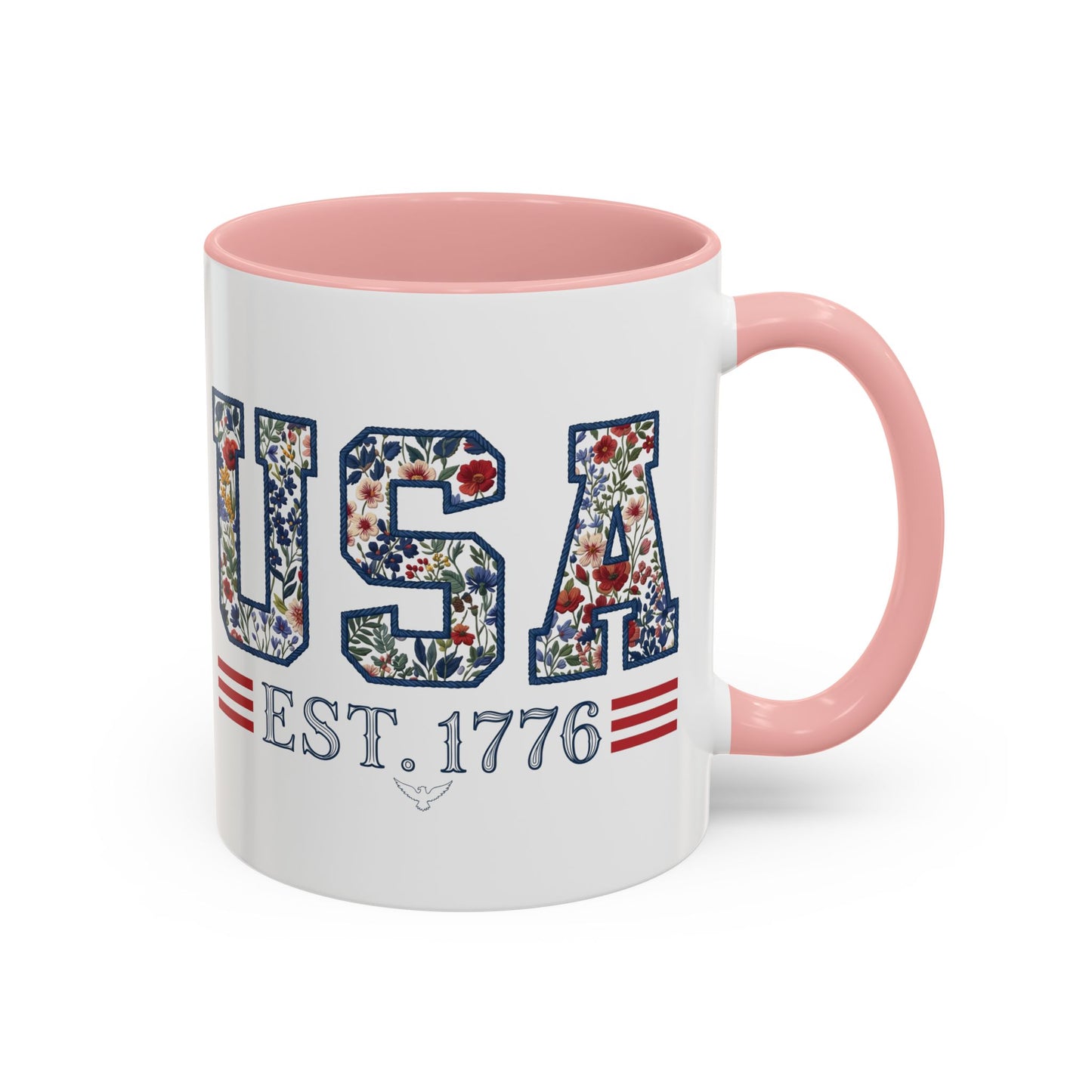 Personalized Patriotic Mug, Custom Name Ceramic Coffee Cup, USA Floral Accent Mug, Fourth of July Hostess Gift, 11oz 15oz