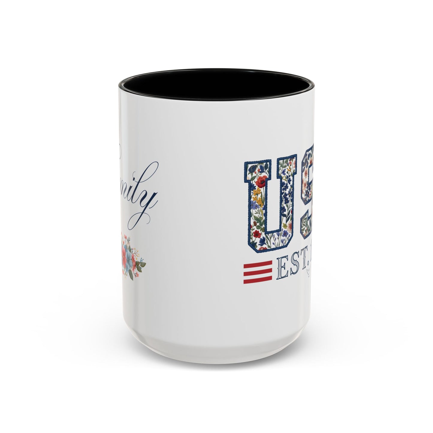 Personalized Patriotic Mug, Custom Name Ceramic Coffee Cup, USA Floral Accent Mug, Fourth of July Hostess Gift, 11oz 15oz