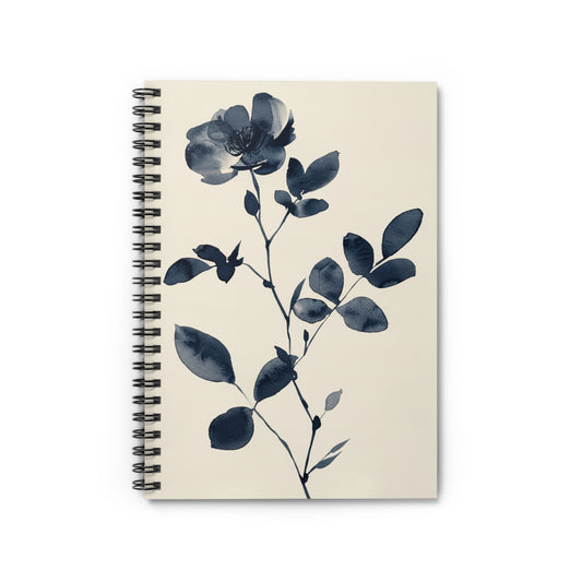 Botanical Spiral Notebook, Elegant Floral Journal with Lined Pages, Minimalist Blue Flower Sketchbook, Aesthetic Writing Journal