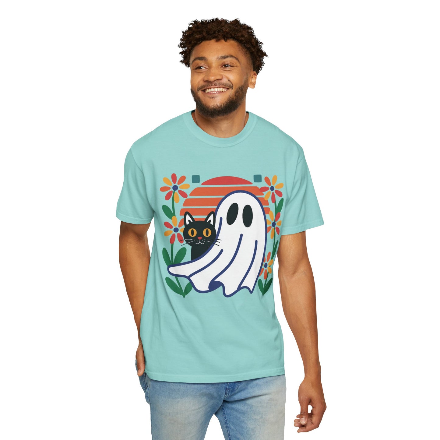 Retro Ghost & Cat Halloween T-shirt | Comfort Colors® Fall Tee