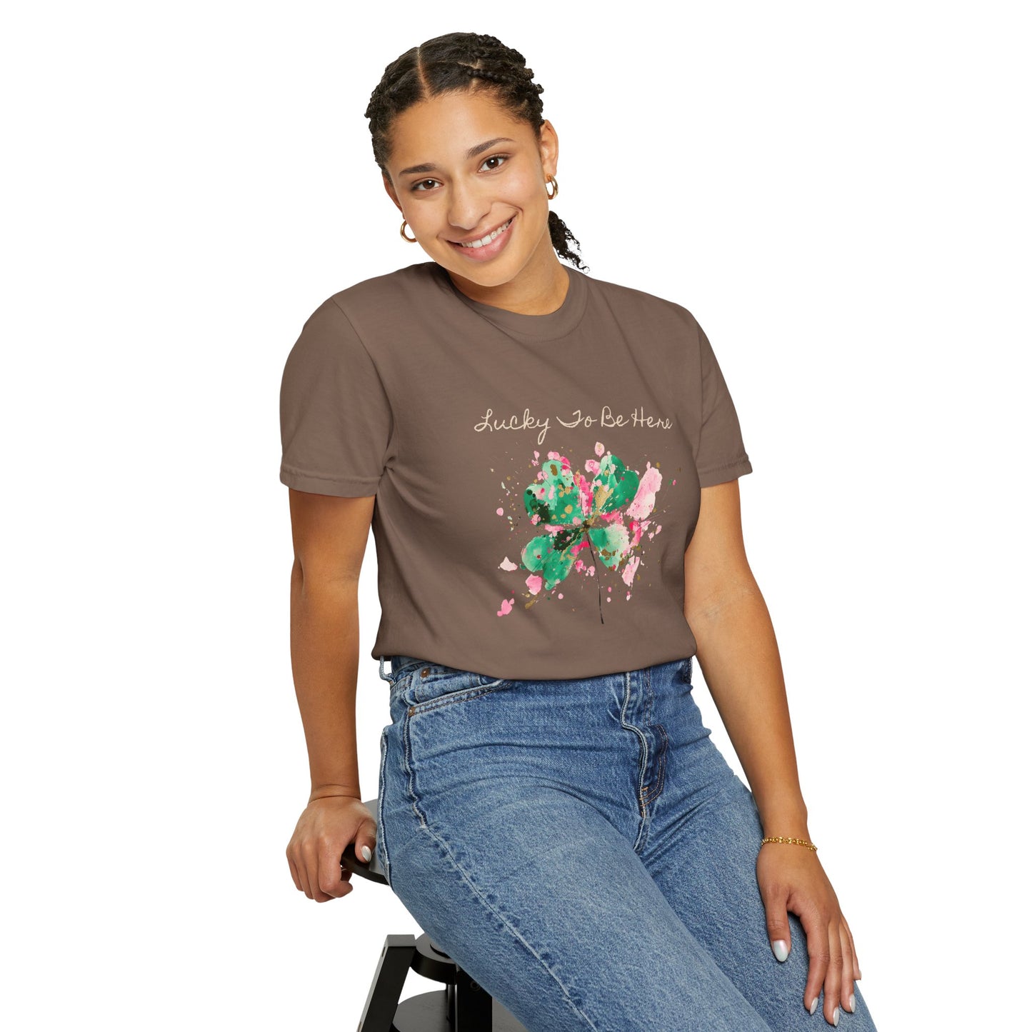 St. Patrick's Day, Lucky To Be Here T-Shirt - Floral Four-Leaf Clover Graphic