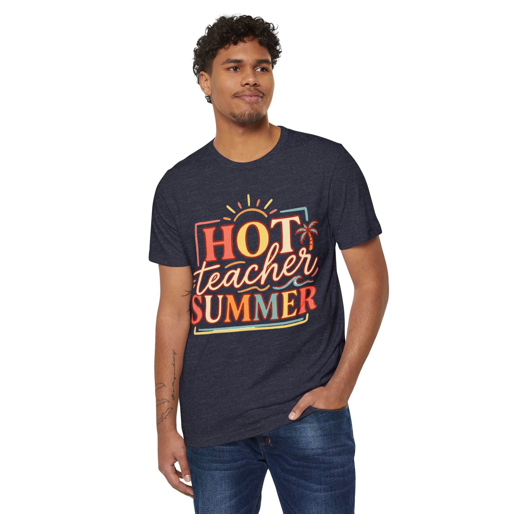 Teacher Summer T‑Shirt - Organic "Hot Teacher Summer" Retro Sun Design