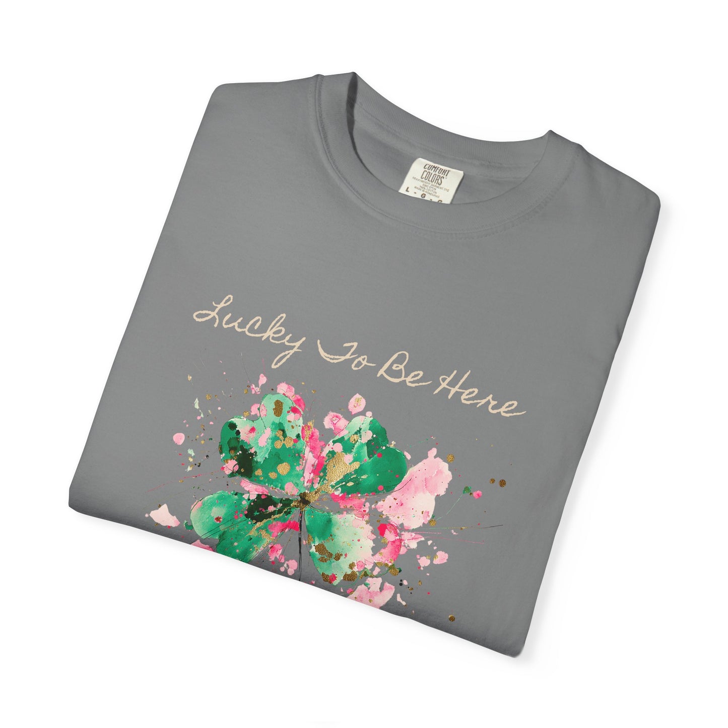 St. Patrick's Day, Lucky To Be Here T-Shirt - Floral Four-Leaf Clover Graphic
