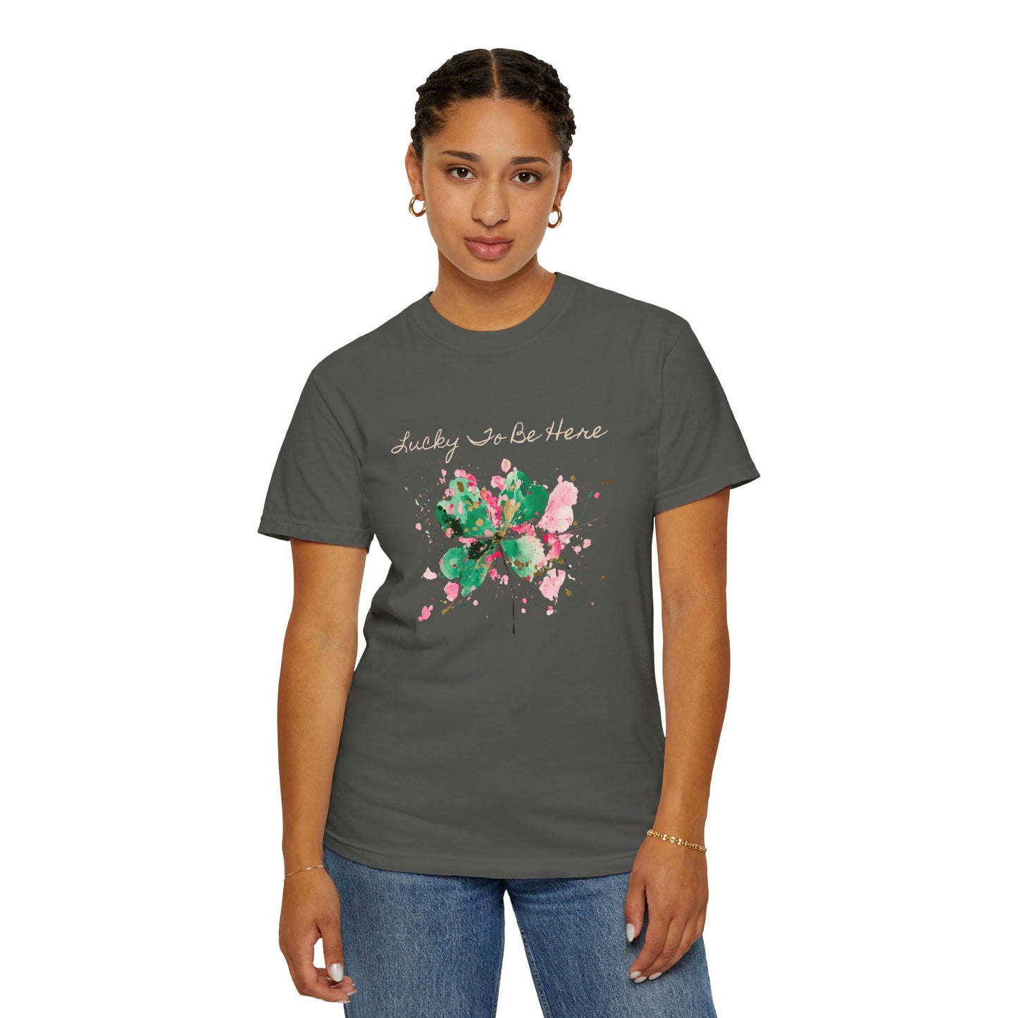 St. Patrick's Day, Lucky To Be Here T-Shirt - Floral Four-Leaf Clover Graphic