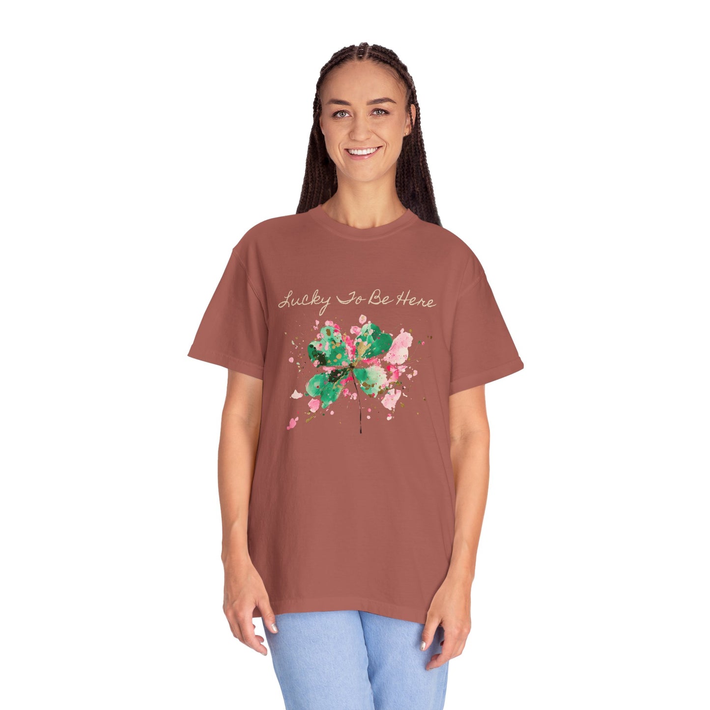 St. Patrick's Day, Lucky To Be Here T-Shirt - Floral Four-Leaf Clover Graphic