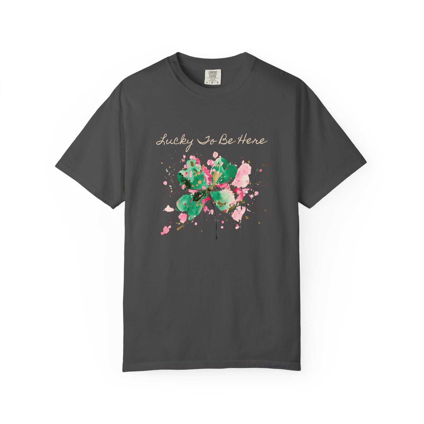 St. Patrick's Day, Lucky To Be Here T-Shirt - Floral Four-Leaf Clover Graphic