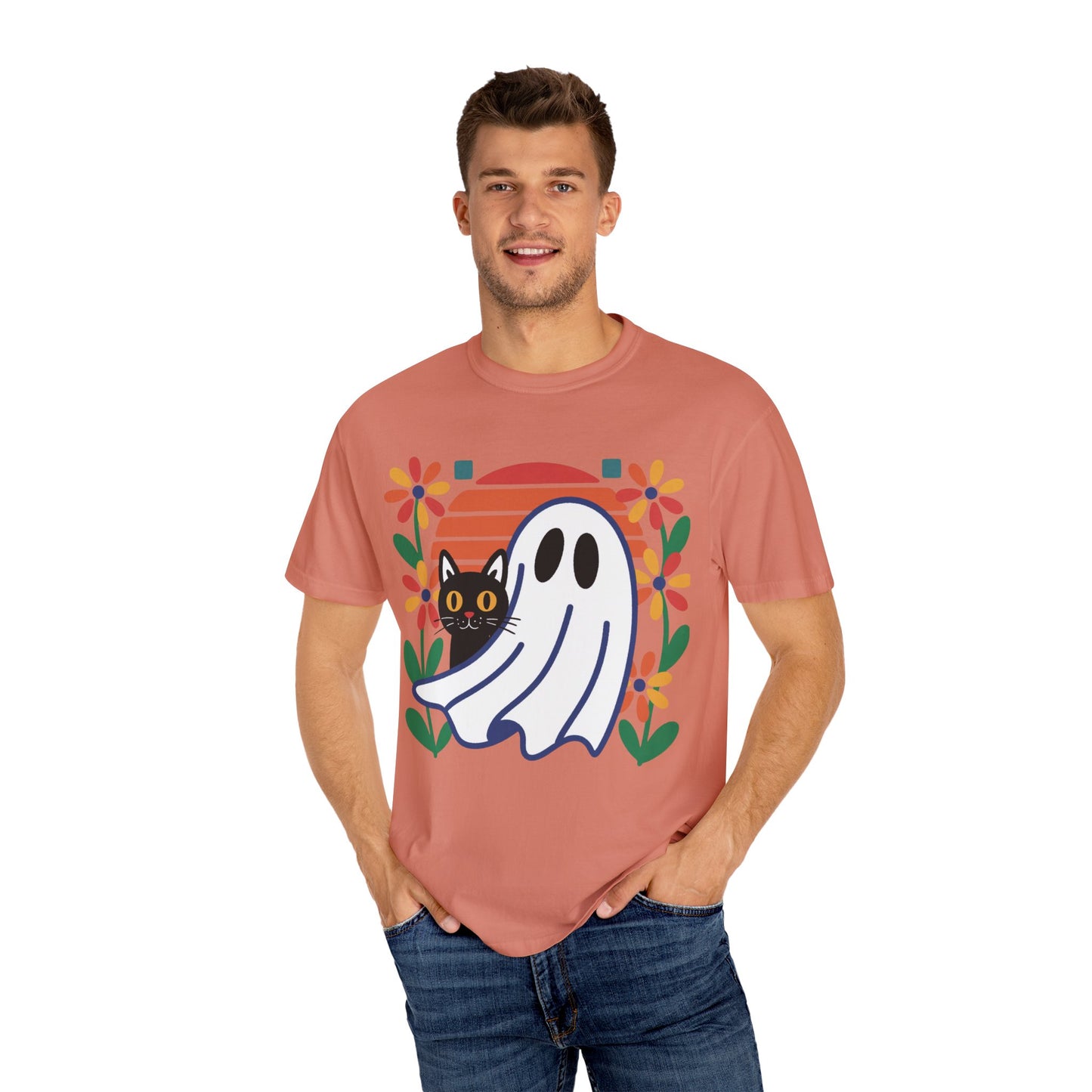 Retro Ghost & Cat Halloween T-shirt | Comfort Colors® Fall Tee