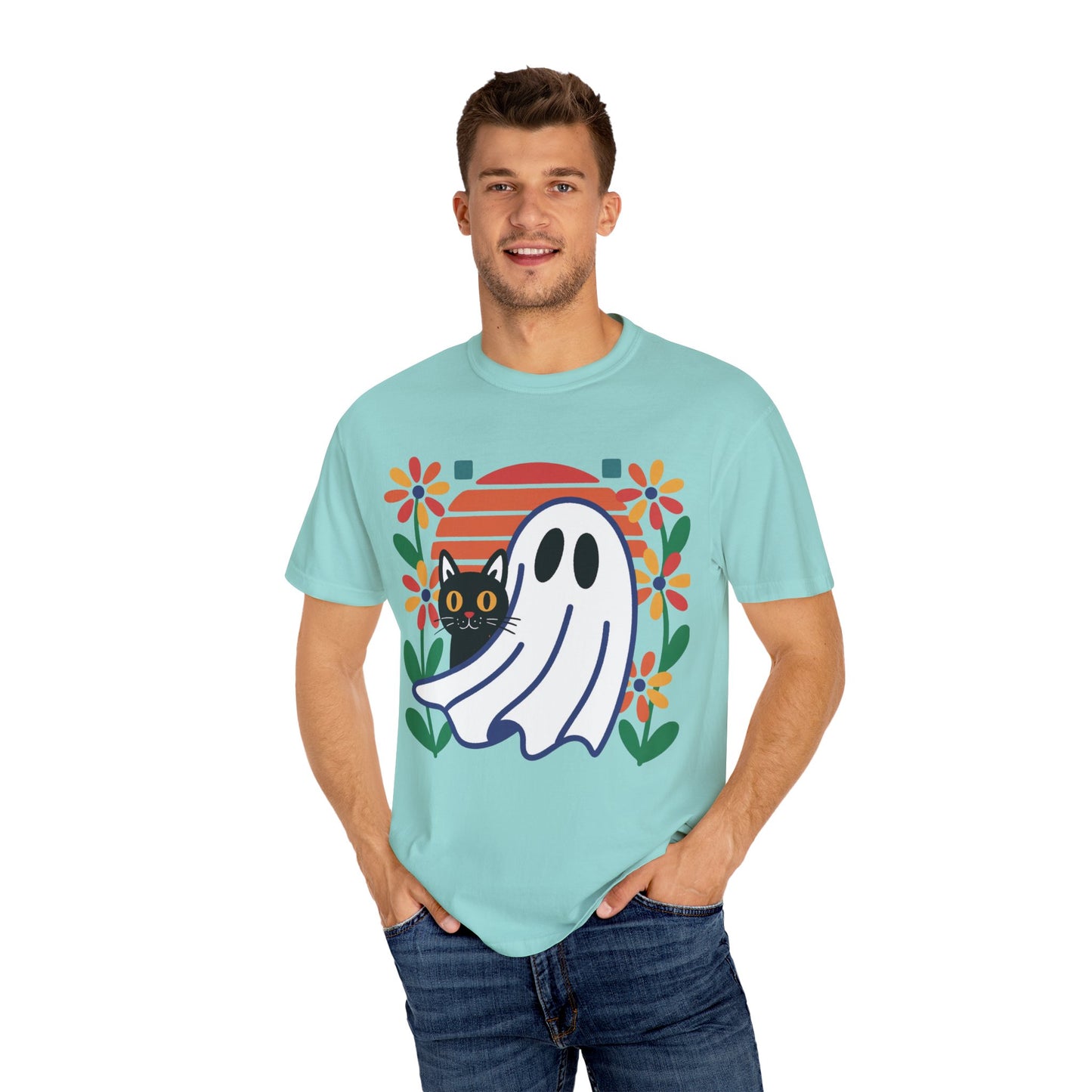 Retro Ghost & Cat Halloween T-shirt | Comfort Colors® Fall Tee