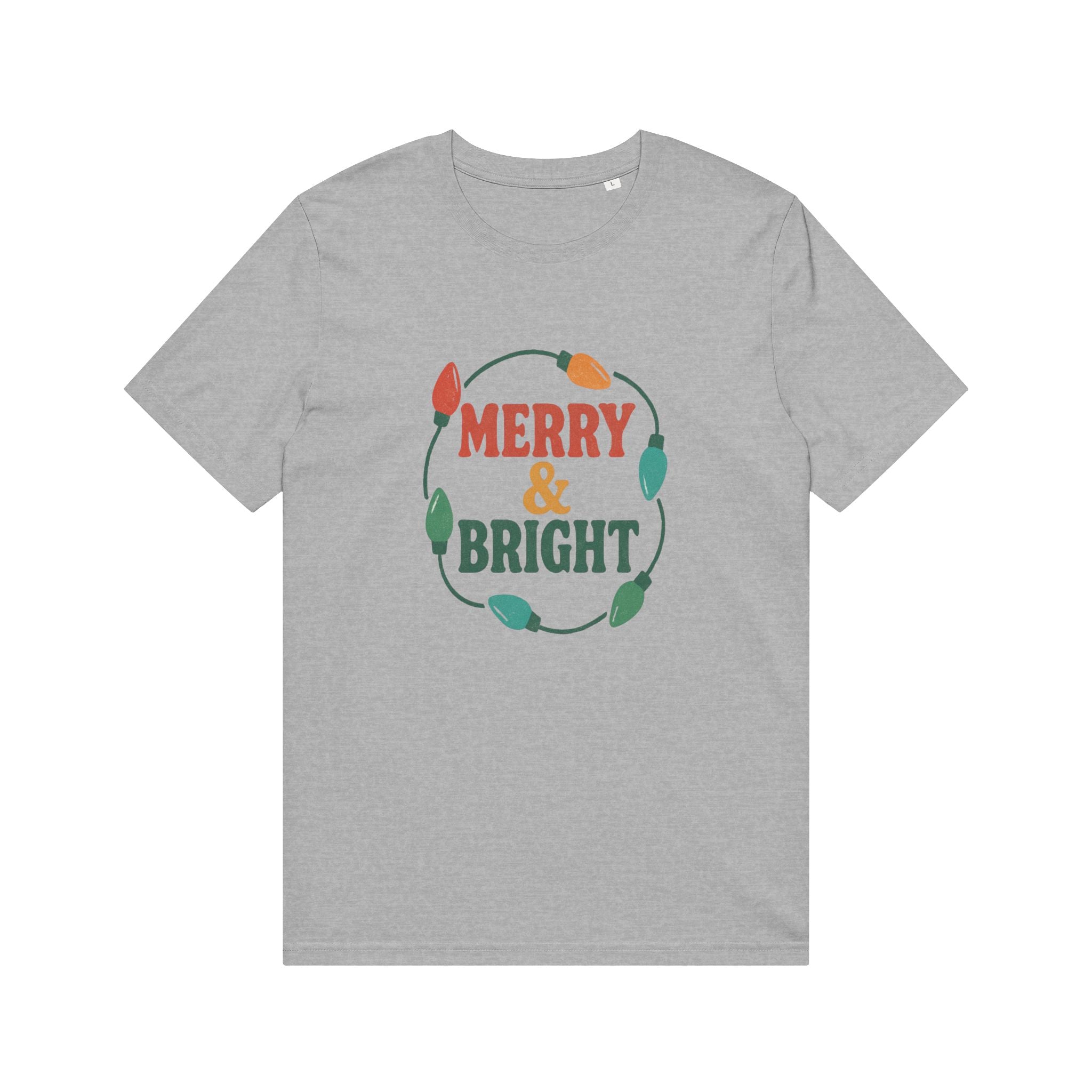 Organic "Merry & Bright" Holiday T-Shirt — Vintage Christmas Lights Graphic