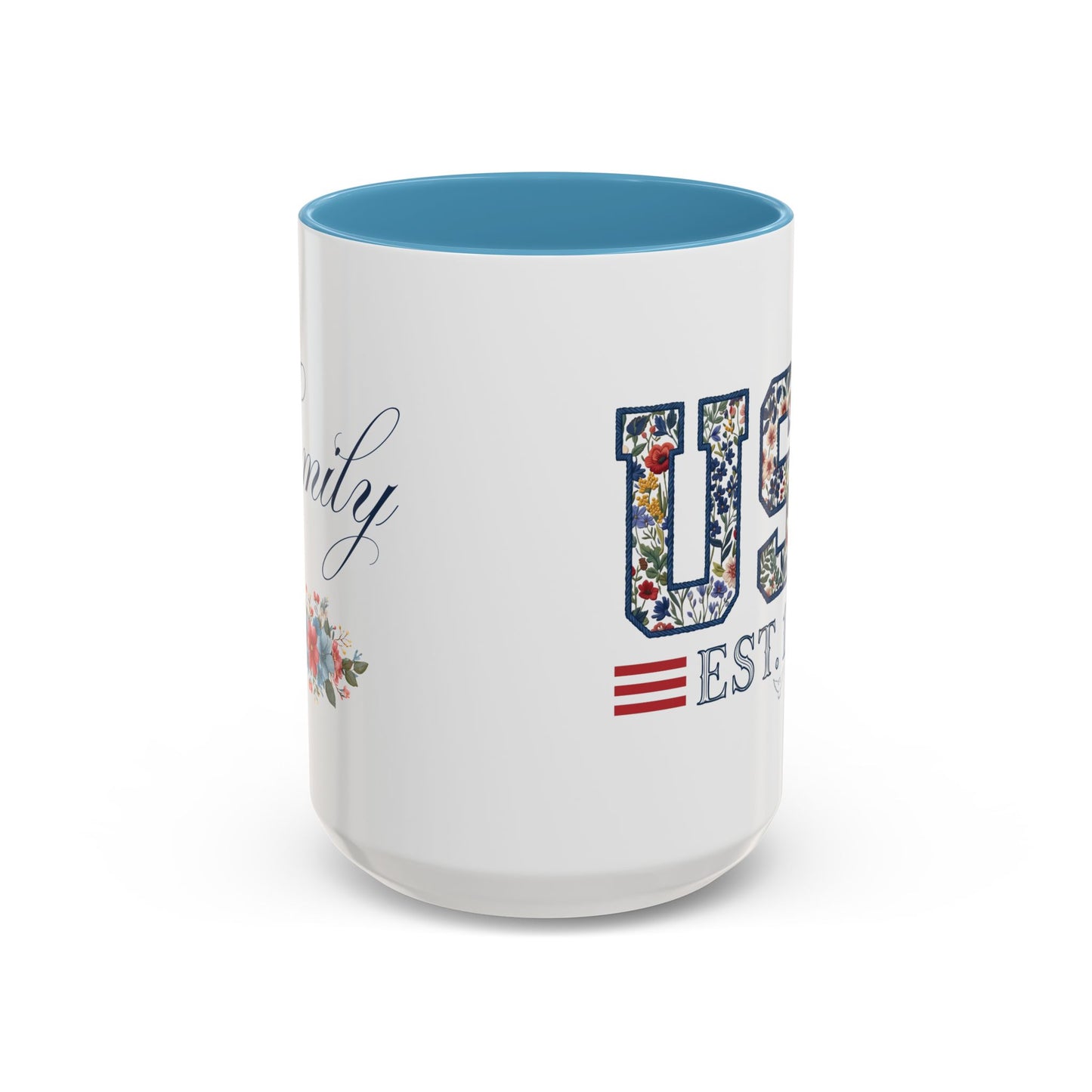 Personalized Patriotic Mug, Custom Name Ceramic Coffee Cup, USA Floral Accent Mug, Fourth of July Hostess Gift, 11oz 15oz