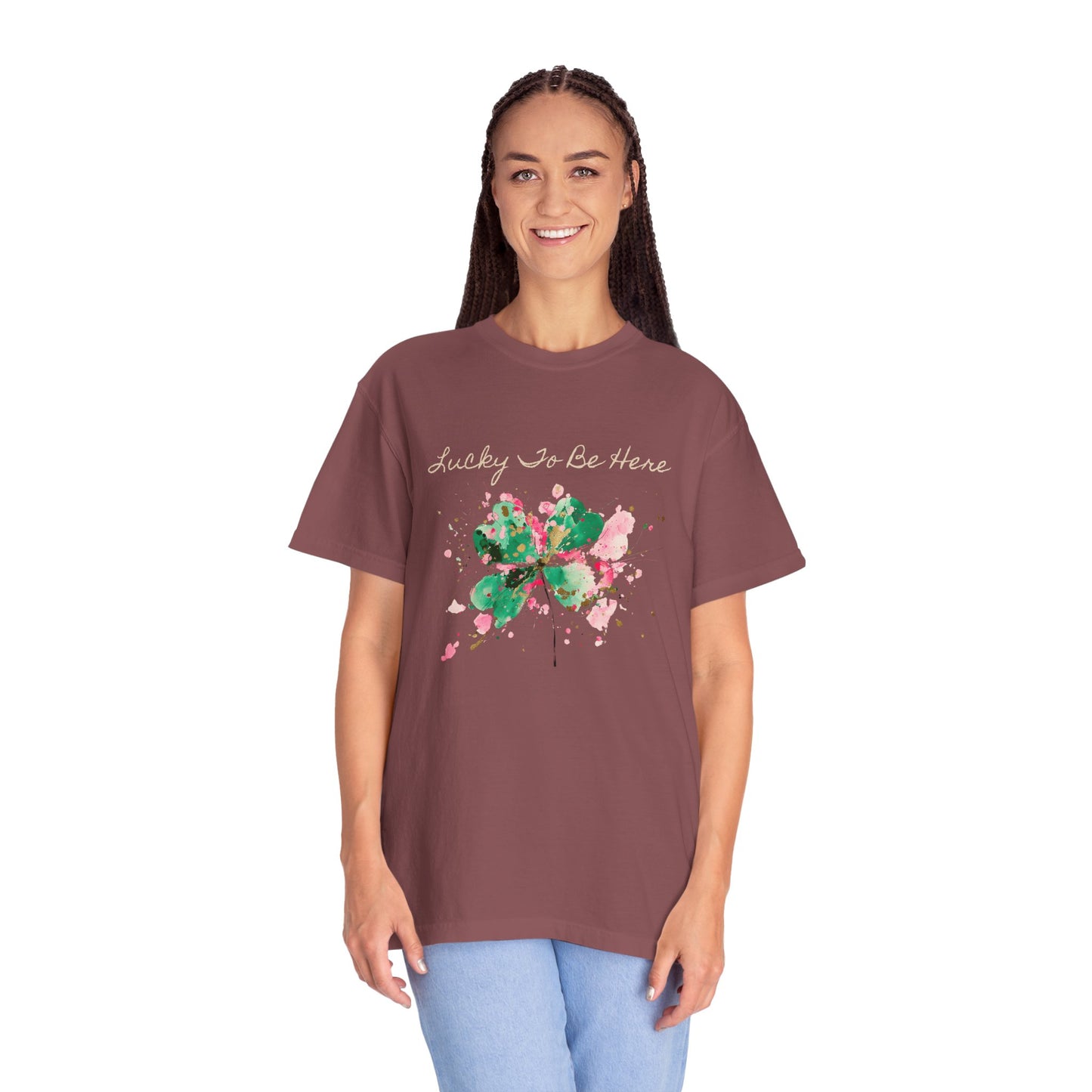 St. Patrick's Day, Lucky To Be Here T-Shirt - Floral Four-Leaf Clover Graphic