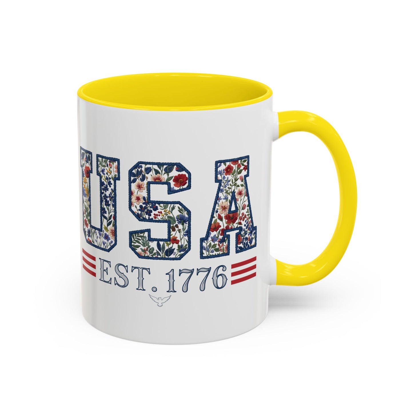Personalized Patriotic Mug, Custom Name Ceramic Coffee Cup, USA Floral Accent Mug, Fourth of July Hostess Gift, 11oz 15oz