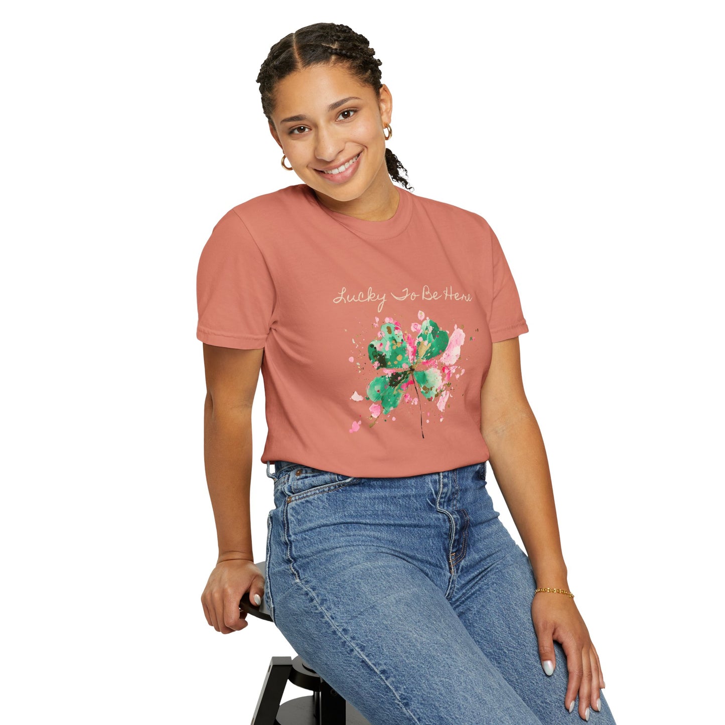 St. Patrick's Day, Lucky To Be Here T-Shirt - Floral Four-Leaf Clover Graphic