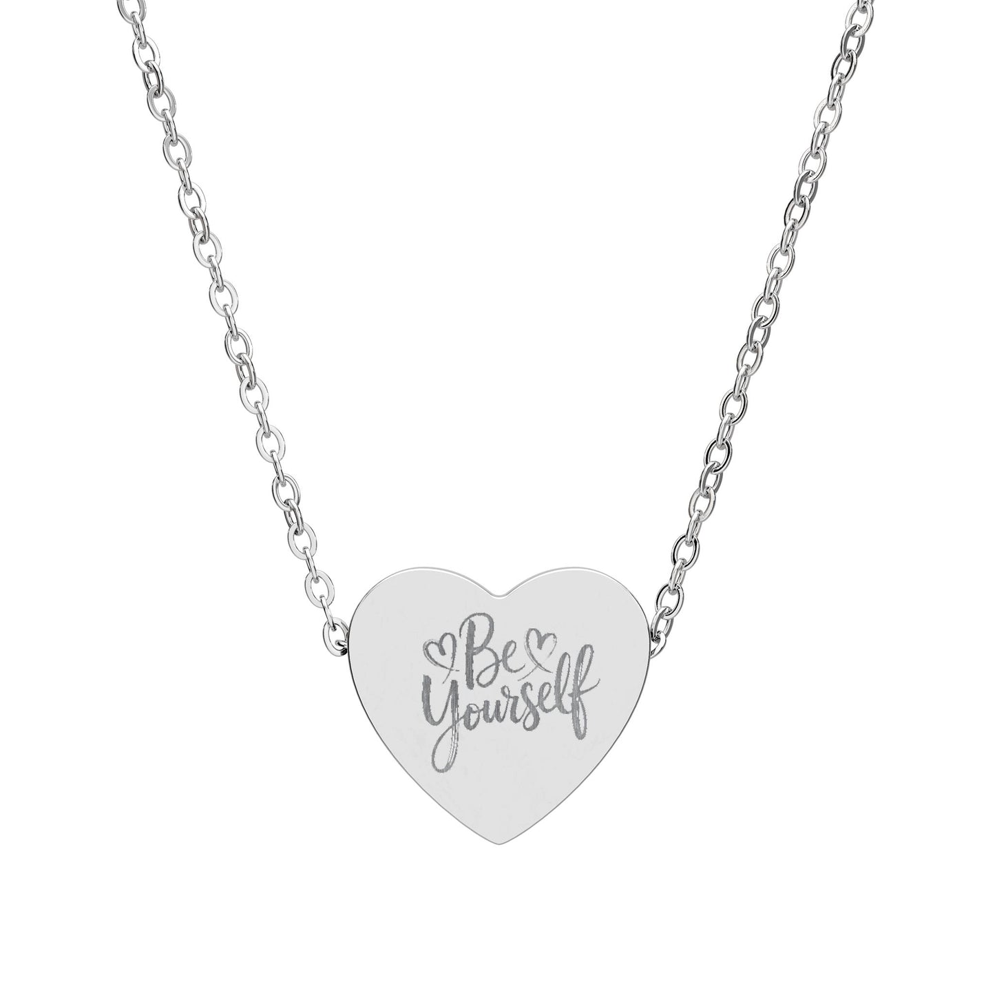Engraved Heart Necklace — "Be Yourself" Pendant in Sterling Silver or Rose Gold