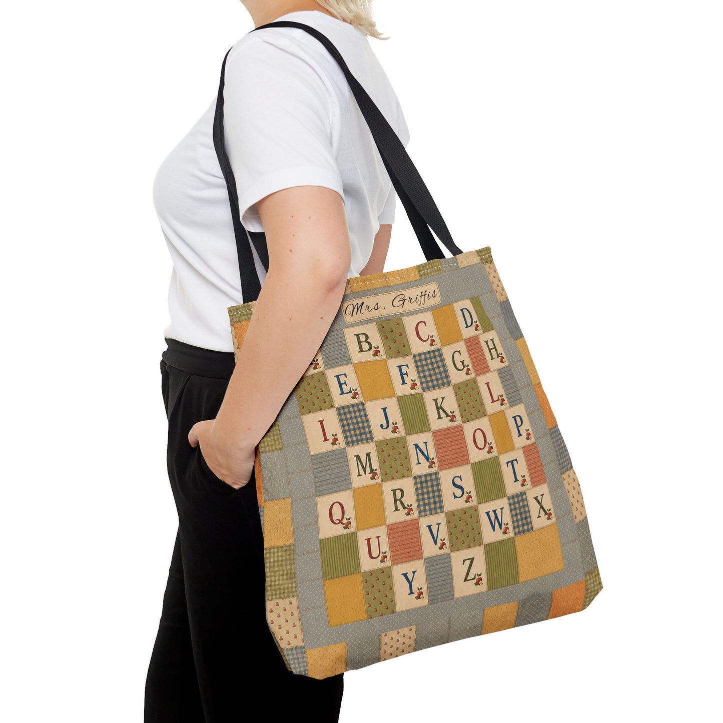 Personalized Teacher Tote Bag, Custom Name Alphabet Quilt Bag, Vintage ABC School Bag, Teacher Gift, Back to School Tote