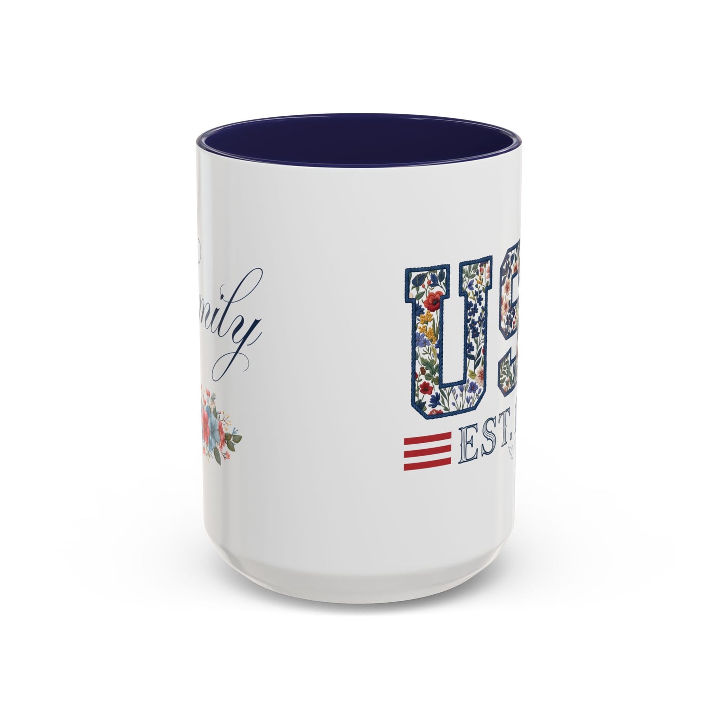 Personalized Patriotic Mug, Custom Name Ceramic Coffee Cup, USA Floral Accent Mug, Fourth of July Hostess Gift, 11oz 15oz