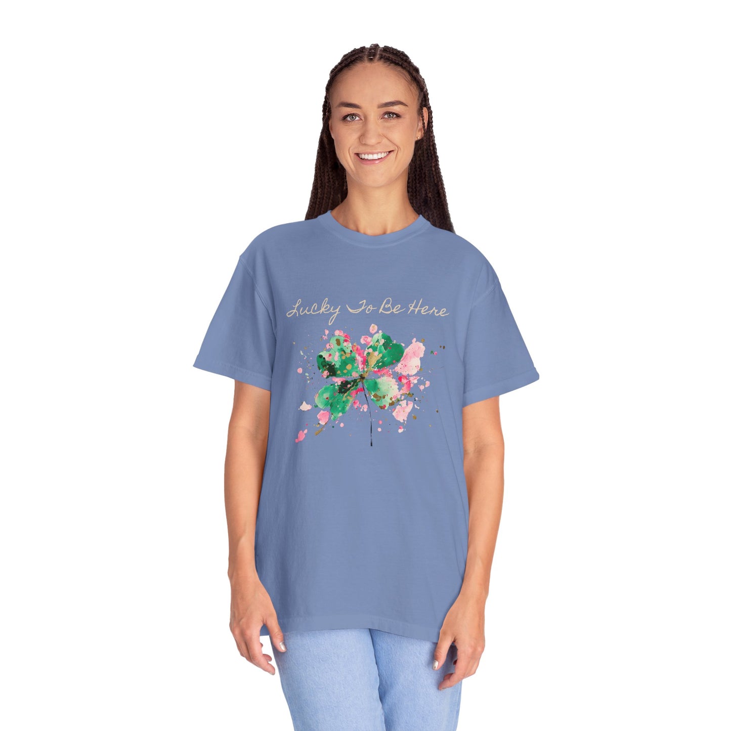 St. Patrick's Day, Lucky To Be Here T-Shirt - Floral Four-Leaf Clover Graphic