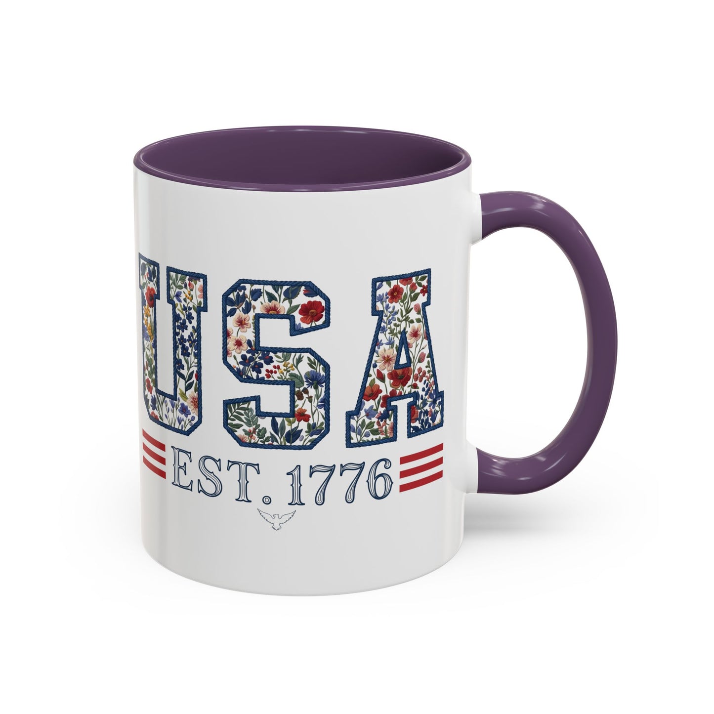 Personalized Patriotic Mug, Custom Name Ceramic Coffee Cup, USA Floral Accent Mug, Fourth of July Hostess Gift, 11oz 15oz