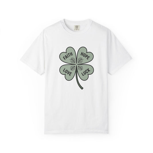 Four-Leaf Clover T-Shirt — Faith Hope Love Luck Graphic Tee (St. Patrick’s Day)